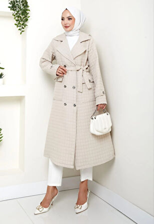 Kadın Örme Kapitone Kuşaklı Düğmeli Vizon Trenç