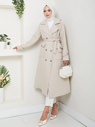 Kadın Örme Kapitone Kuşaklı Düğmeli Vizon Trenç