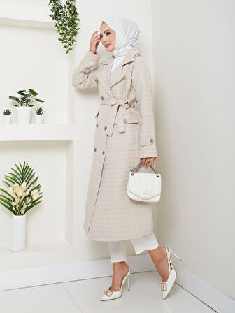 Kadın Örme Kapitone Kuşaklı Düğmeli Vizon Trenç