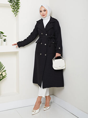Kadın Örme Kapitone Kuşaklı Düğmeli Siyah Trenç