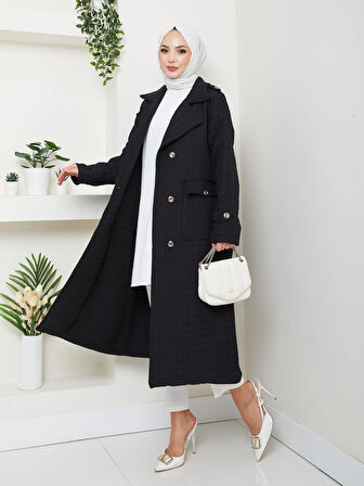 Kadın Örme Kapitone Kuşaklı Düğmeli Siyah Trenç