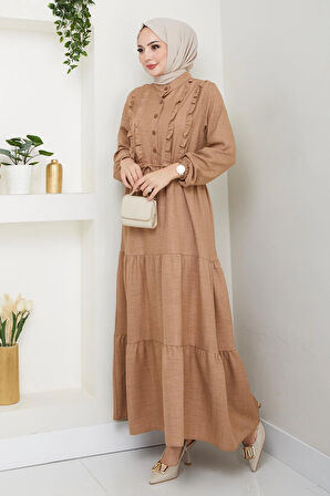 Kadın Fırfır Detaylı Düğmeli Bej Keten Elbise