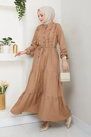 Kadın Fırfır Detaylı Düğmeli Bej Keten Elbise