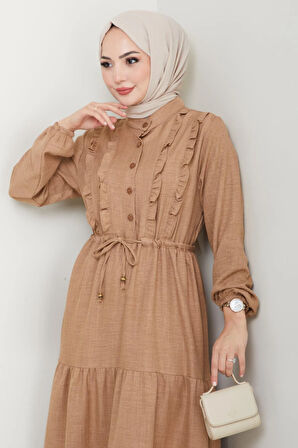 Kadın Fırfır Detaylı Düğmeli Bej Keten Elbise