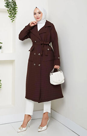 Kadın Örme Kapitone Kuşaklı Düğmeli Kahverengi Trenç
