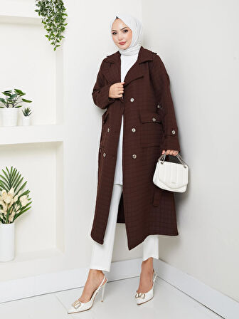 Kadın Örme Kapitone Kuşaklı Düğmeli Kahverengi Trenç