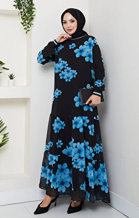 Kadın Astarlı Mavi Şifon Çiçek Desenli Elbise