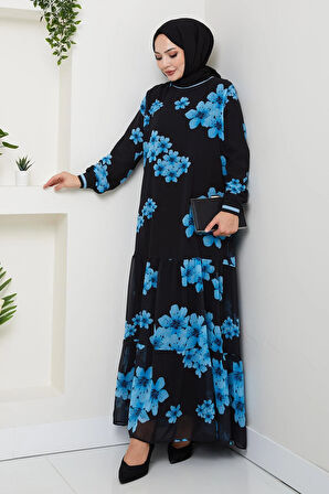 Kadın Astarlı Mavi Şifon Çiçek Desenli Elbise