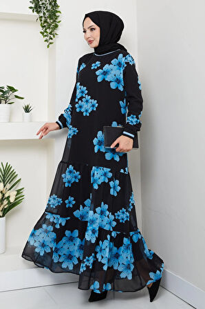 Kadın Astarlı Mavi Şifon Çiçek Desenli Elbise