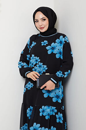 Kadın Astarlı Mavi Şifon Çiçek Desenli Elbise