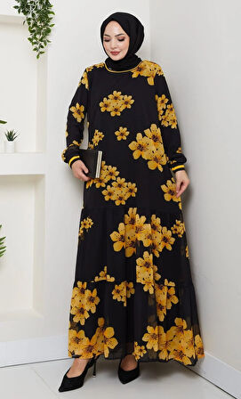 Kadın Astarlı Sarı Şifon Çiçek Desenli Elbise