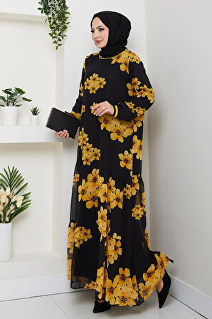 Kadın Astarlı Sarı Şifon Çiçek Desenli Elbise