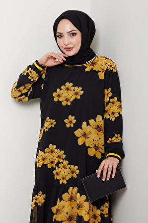 Kadın Astarlı Sarı Şifon Çiçek Desenli Elbise