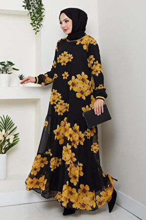 Kadın Astarlı Sarı Şifon Çiçek Desenli Elbise