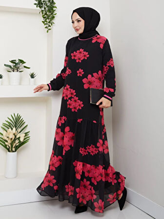 Kadın Astarlı Mor Şifon Çiçek Desenli Elbise