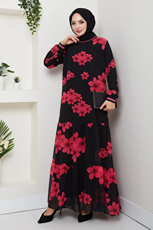 Kadın Astarlı Mor Şifon Çiçek Desenli Elbise