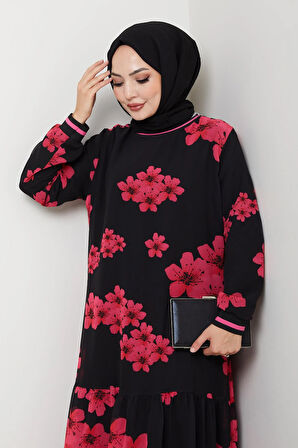 Kadın Astarlı Mor Şifon Çiçek Desenli Elbise