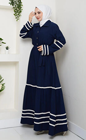 Kadın Çilek Kumaş Şerit Detaylı Kuşaklı Lacivert Elbise 