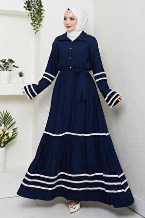 Kadın Çilek Kumaş Şerit Detaylı Kuşaklı Lacivert Elbise 