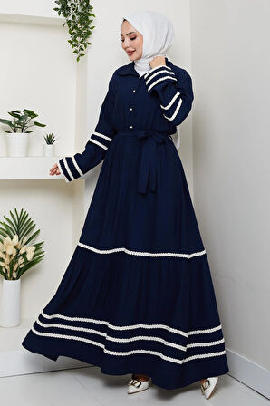 Kadın Çilek Kumaş Şerit Detaylı Kuşaklı Lacivert Elbise 
