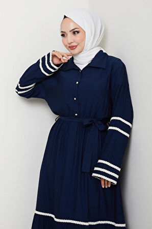 Kadın Çilek Kumaş Şerit Detaylı Kuşaklı Lacivert Elbise 
