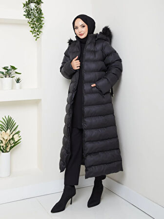 Kadın Bel Kemerli Kapüşonlu Uzun Şişme Siyah Mont