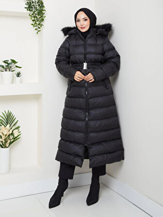 Kadın Bel Kemerli Kapüşonlu Uzun Şişme Siyah Mont