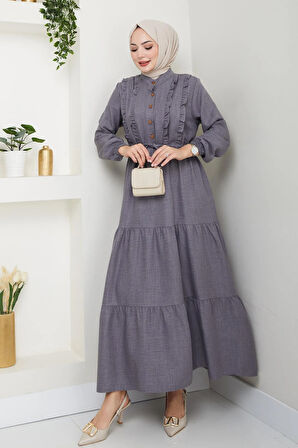 Kadın Fırfır Detaylı Düğmeli Gri Keten Elbise