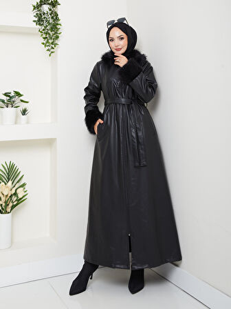 Kadın Kürk Detaylı Uzun Astarlı Siyah Kap 