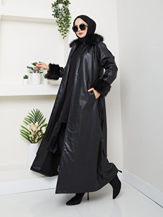 Kadın Kürk Detaylı Uzun Astarlı Siyah Kap 