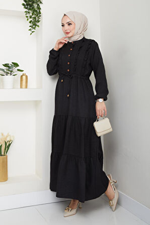 Kadın Fırfır Detaylı Düğmeli Siyah Keten Elbise