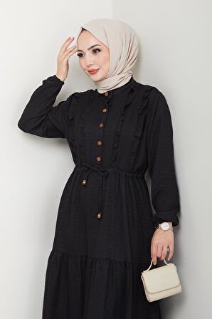 Kadın Fırfır Detaylı Düğmeli Siyah Keten Elbise