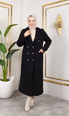 Kadın Astarlı Düğmeli Cepli Uzun Siyah Kaşe Kaban