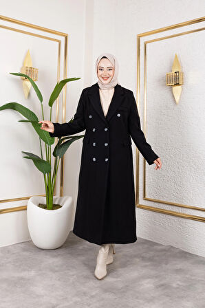 Kadın Astarlı Düğmeli Cepli Uzun Siyah Kaşe Kaban