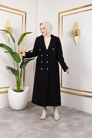 Kadın Astarlı Düğmeli Cepli Uzun Siyah Kaşe Kaban