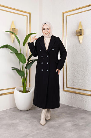 Kadın Astarlı Düğmeli Cepli Uzun Siyah Kaşe Kaban