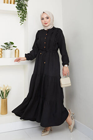 Kadın Fırfır Detaylı Düğmeli Siyah Keten Elbise