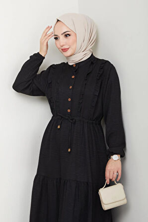Kadın Fırfır Detaylı Düğmeli Siyah Keten Elbise