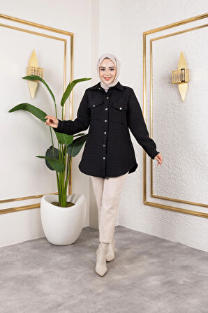 Kadın Cep Detaylı Kapitone Kumaş Çıtçıtlı Siyah Tunik