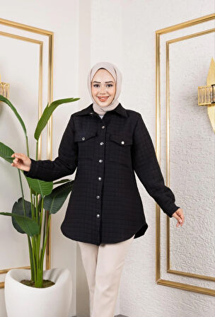 Kadın Cep Detaylı Kapitone Kumaş Çıtçıtlı Siyah Tunik