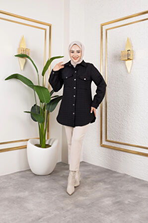 Kadın Cep Detaylı Kapitone Kumaş Çıtçıtlı Siyah Tunik