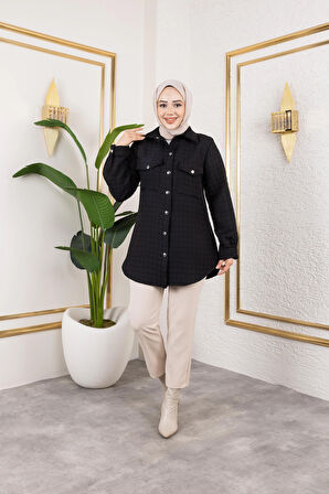 Kadın Cep Detaylı Kapitone Kumaş Çıtçıtlı Siyah Tunik