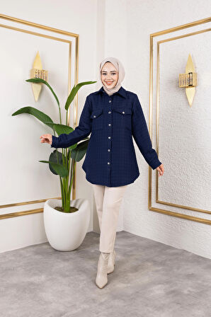 Kadın Cep Detaylı Kapitone Kumaş Çıtçıtlı Lacivert Tunik