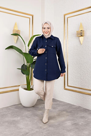 Kadın Cep Detaylı Kapitone Kumaş Çıtçıtlı Lacivert Tunik