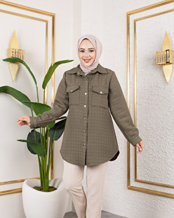 Kadın Cep Detaylı Kapitone Kumaş Çıtçıtlı Haki Tunik