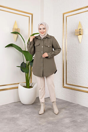 Kadın Cep Detaylı Kapitone Kumaş Çıtçıtlı Haki Tunik