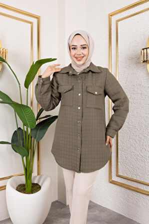 Kadın Cep Detaylı Kapitone Kumaş Çıtçıtlı Haki Tunik