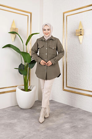 Kadın Cep Detaylı Kapitone Kumaş Çıtçıtlı Haki Tunik