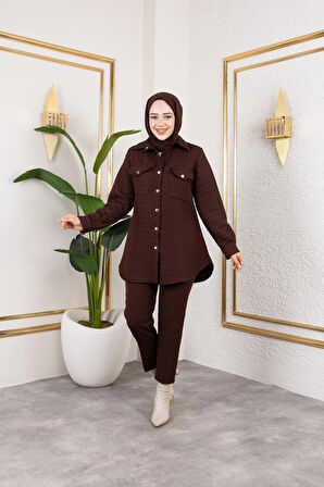 Kadın Cep Detaylı Kapitone Kumaş Çıtçıtlı Kahverengi Tunik