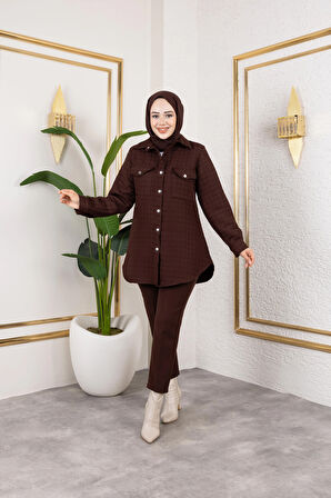 Kadın Cep Detaylı Kapitone Kumaş Çıtçıtlı Kahverengi Tunik